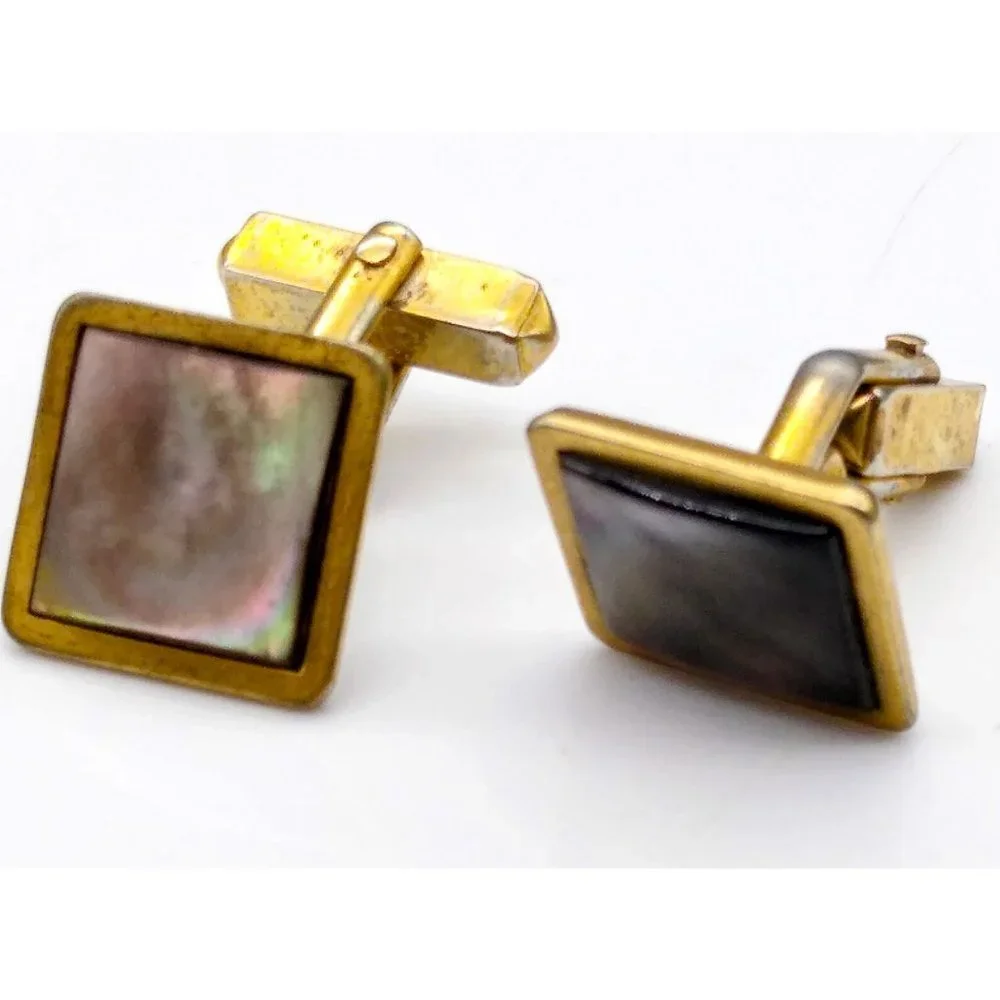 Gold Plated Swank Abalone Cuff Links, Vintage Mens Accessory, 1940s MOP Cufflink
